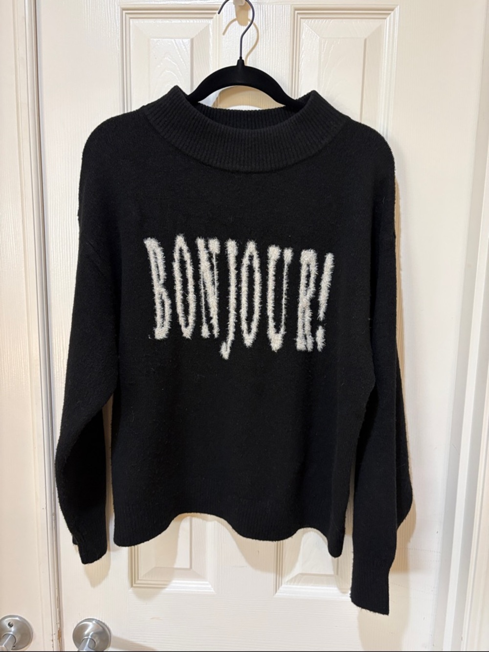 a new day Black Graphic Turtleneck Sweater with White "BONJOUR!"